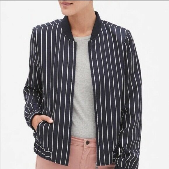 Banana Republic Blue White Tencel Vertical Stripe Bomber Jacket Size Small - Picture 1 of 5